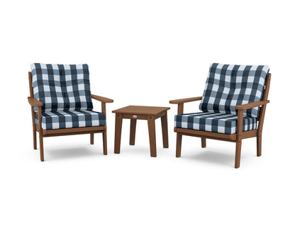 POLYWOOD® Lakeside 3-Piece Deep Seating Chair Set in Teak / Buffalo Plaid Marine Indigo