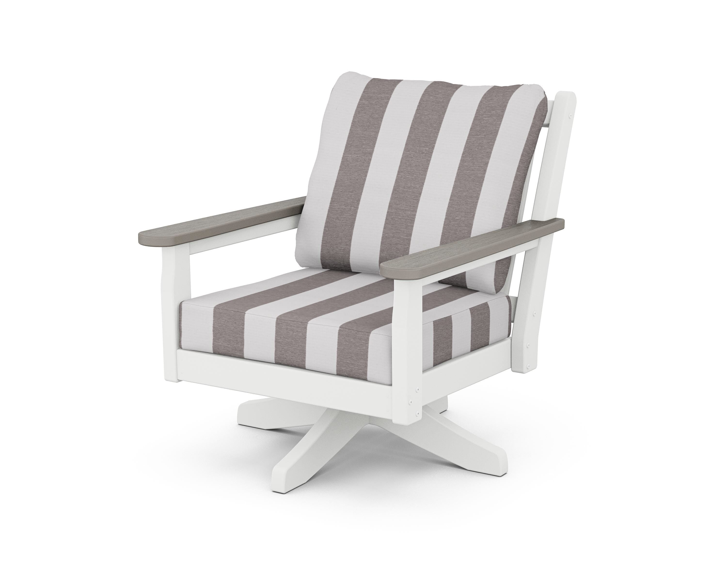 POLYWOOD® Chippendale Deep Seating Swivel Chair in White / Driftwood / Cabana Stripe Grey Mist
