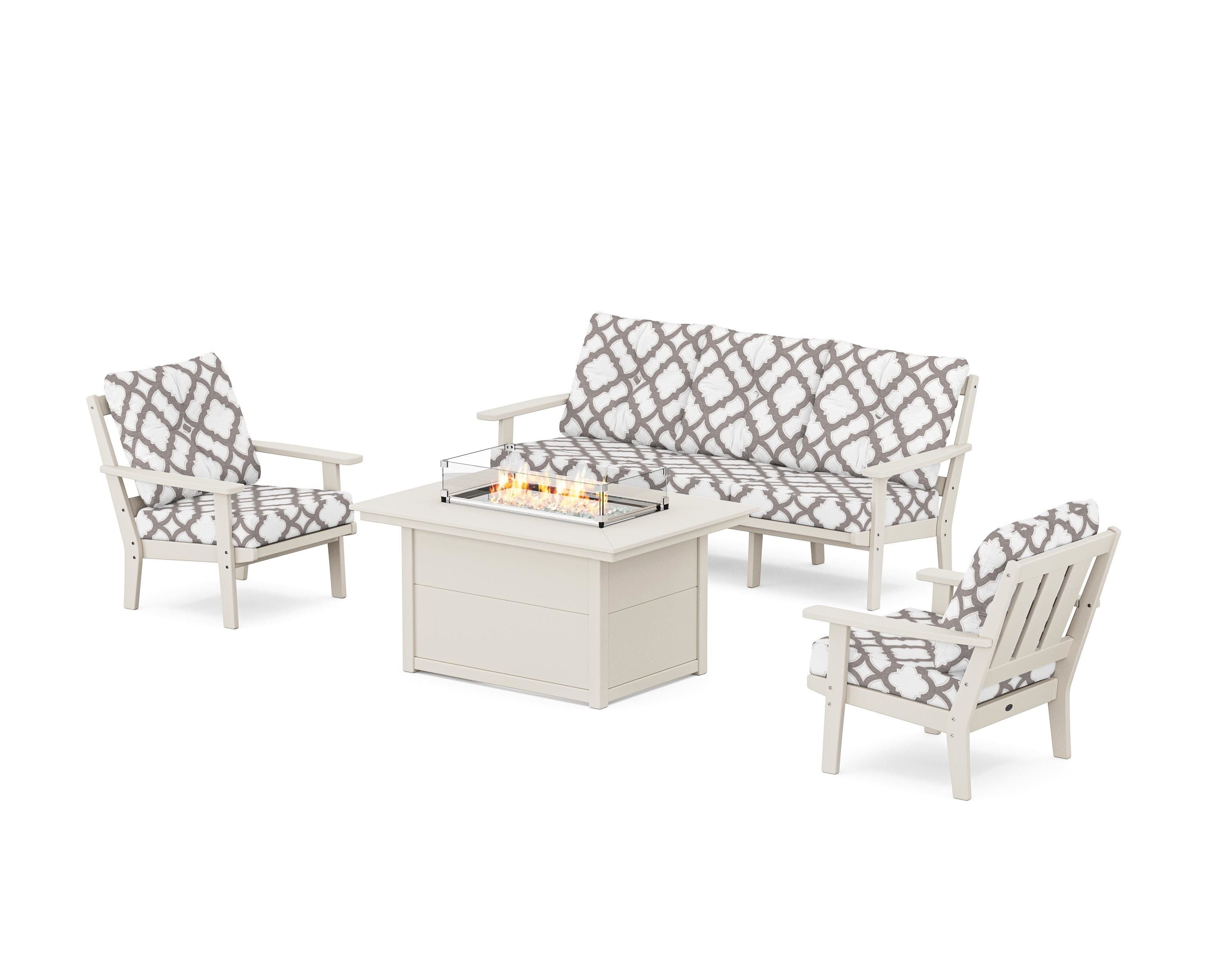 POLYWOOD® Oxford Deep Seating Fire Pit Table Set in Sand / Trellis Grey Mist