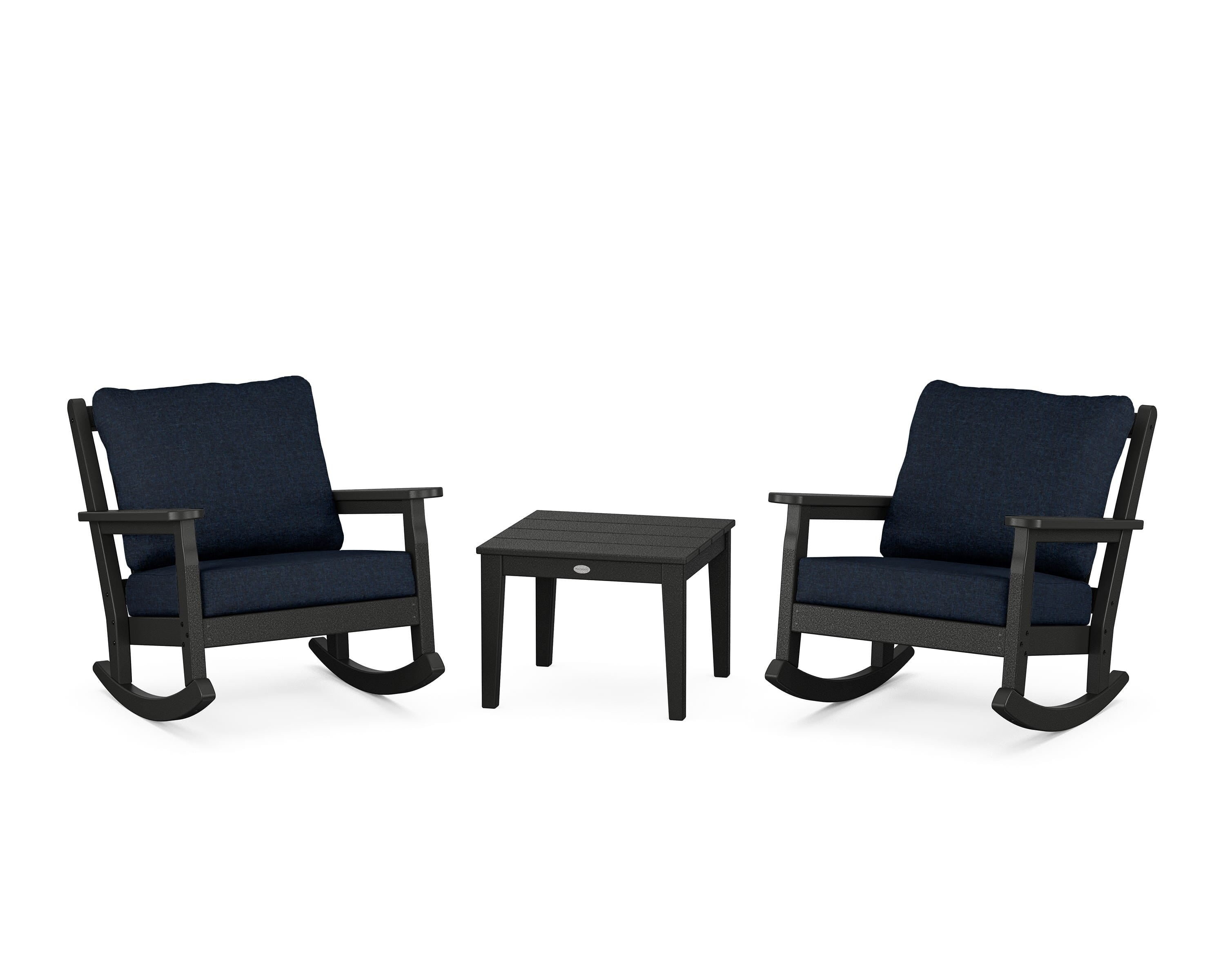 POLYWOOD® Chippendale 3-Piece Deep Seating Rocker Set in Black / Marine Indigo
