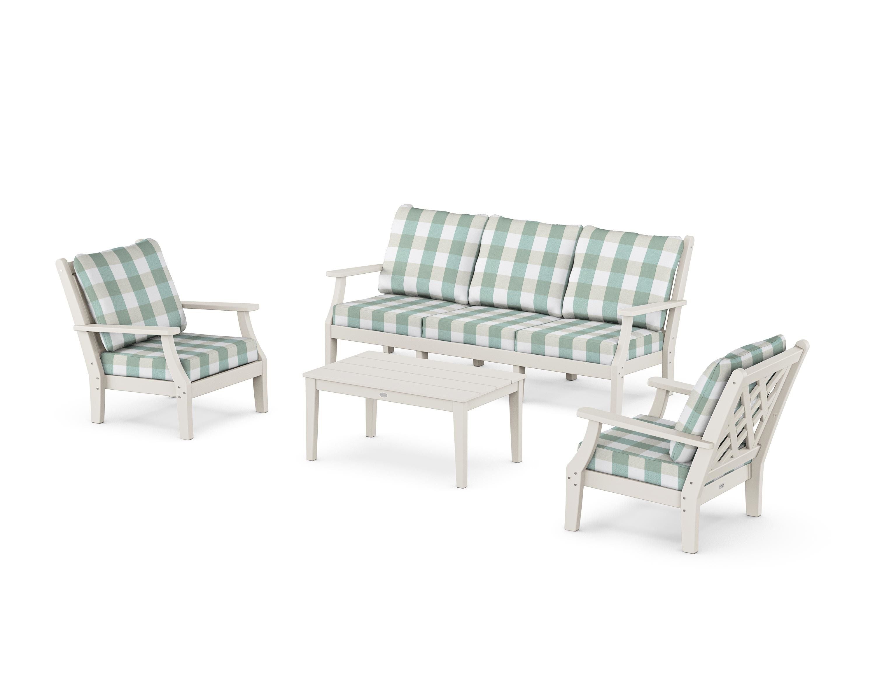 Country Living Wovendale 4-Piece Deep Seating Set with Sofa in Sand / Buffalo Plaid Glacier Spa