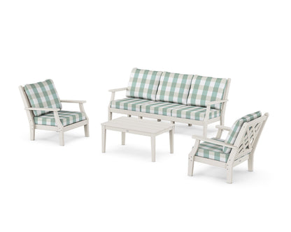 Country Living Wovendale 4-Piece Deep Seating Set with Sofa in Sand / Buffalo Plaid Glacier Spa