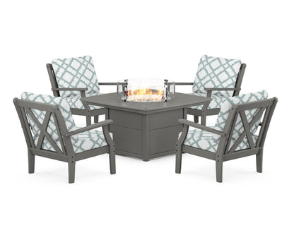 POLYWOOD® Braxton 5-Piece Deep Seating Conversation Set with Fire Pit Table in Slate Grey / Trellis Glacier Spa