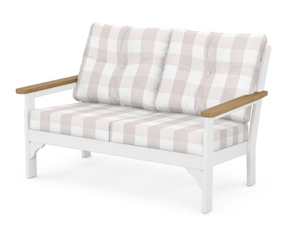 POLYWOOD® Vineyard Deep Seating Loveseat in White / Natural / Buffalo Plaid Dune Burlap