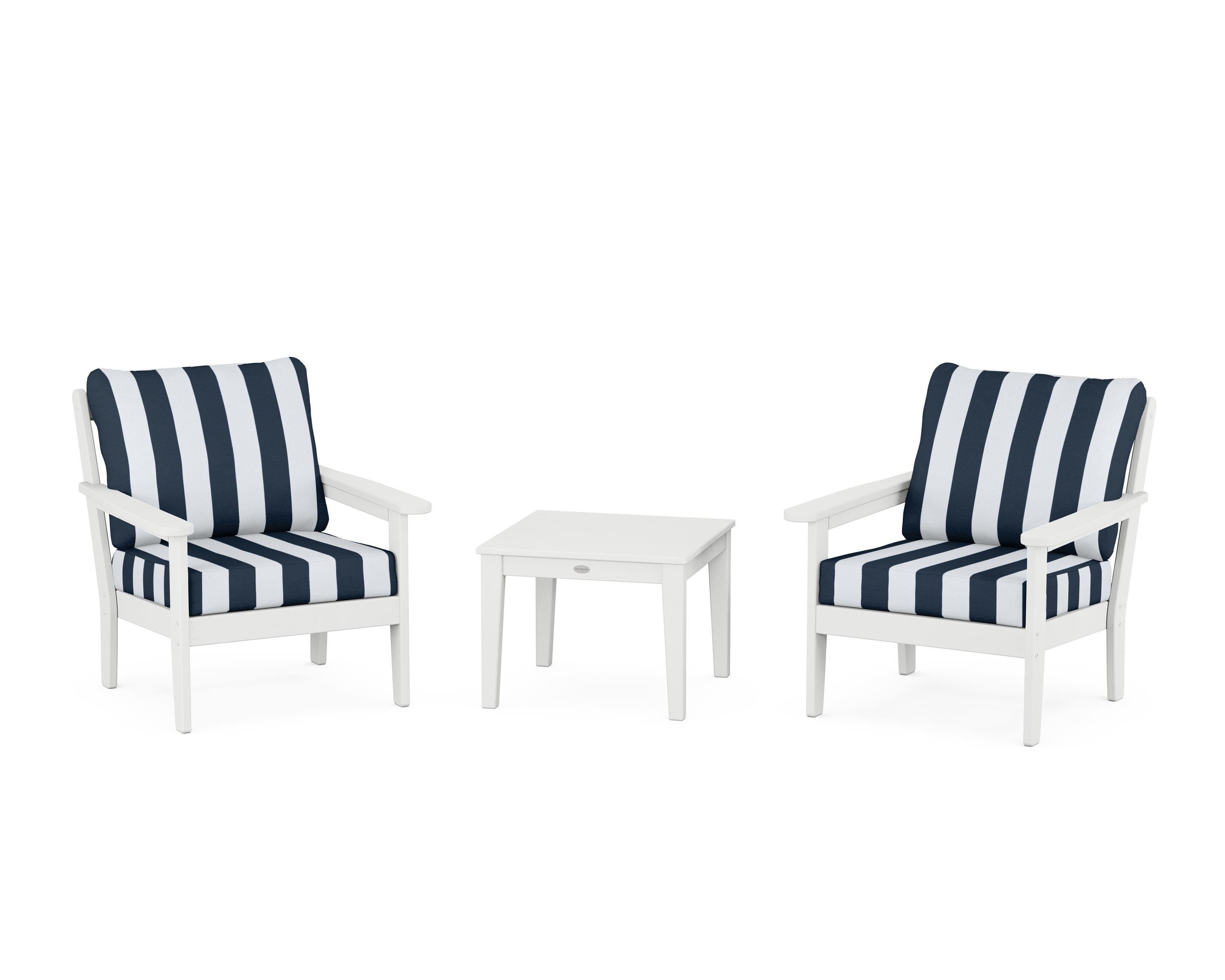 Country Living Cottage 3-Piece Deep Seating Set in White / Cabana Stripe Marine Indigo