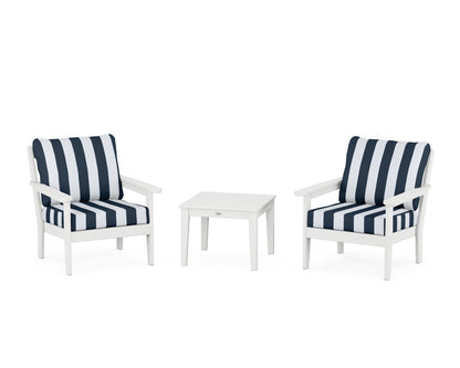 Country Living Cottage 3-Piece Deep Seating Set in White / Cabana Stripe Marine Indigo