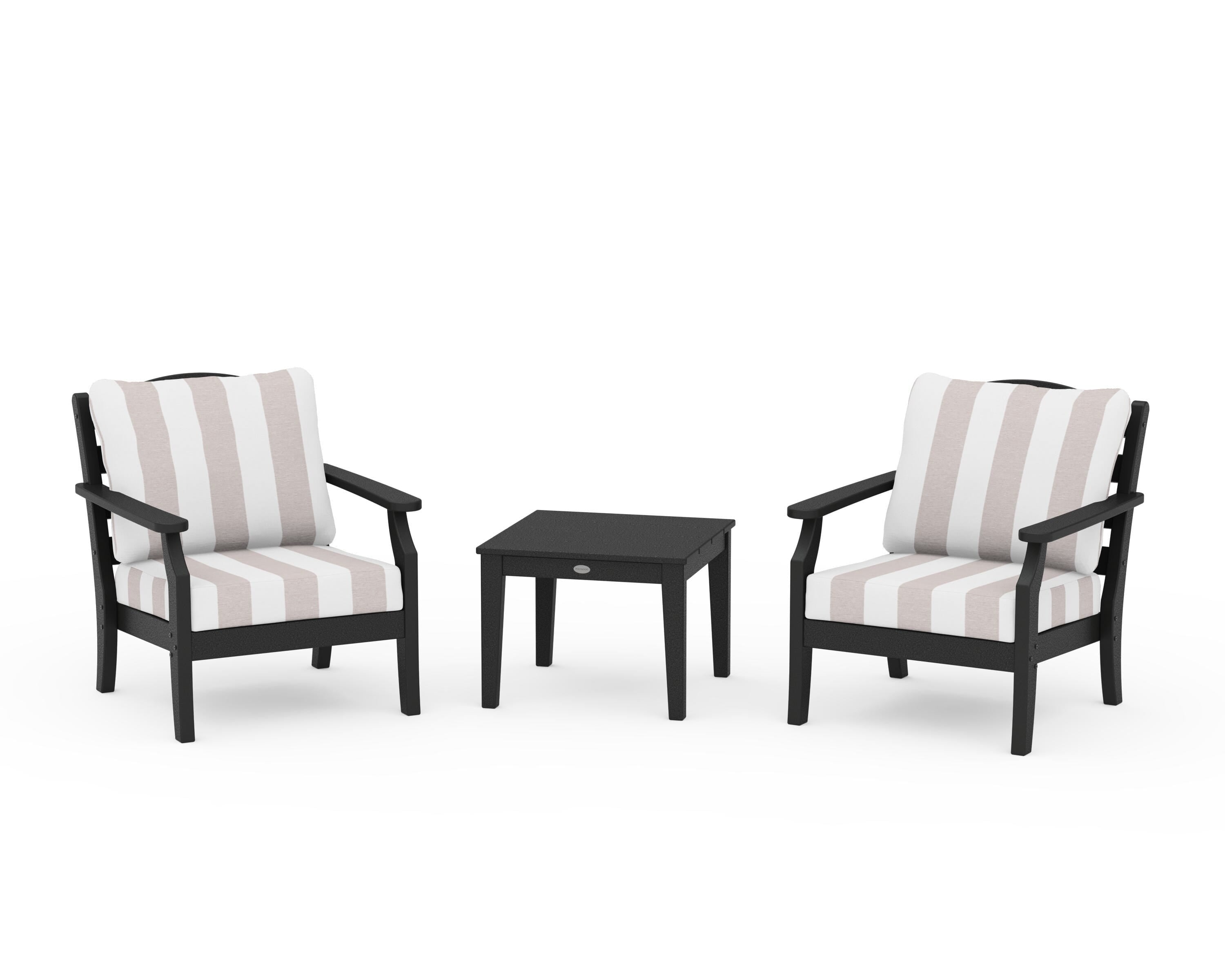 Draper James™ by  POLYWOOD® Savannah 3-Piece Deep Seating Set in Black / Cabana Stripe Dune Burlap