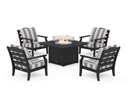 Draper James™ by  POLYWOOD® Savannah 5-Piece Deep Seating Set with Fire Pit Table in Black / Cabana Stripe Grey Mist