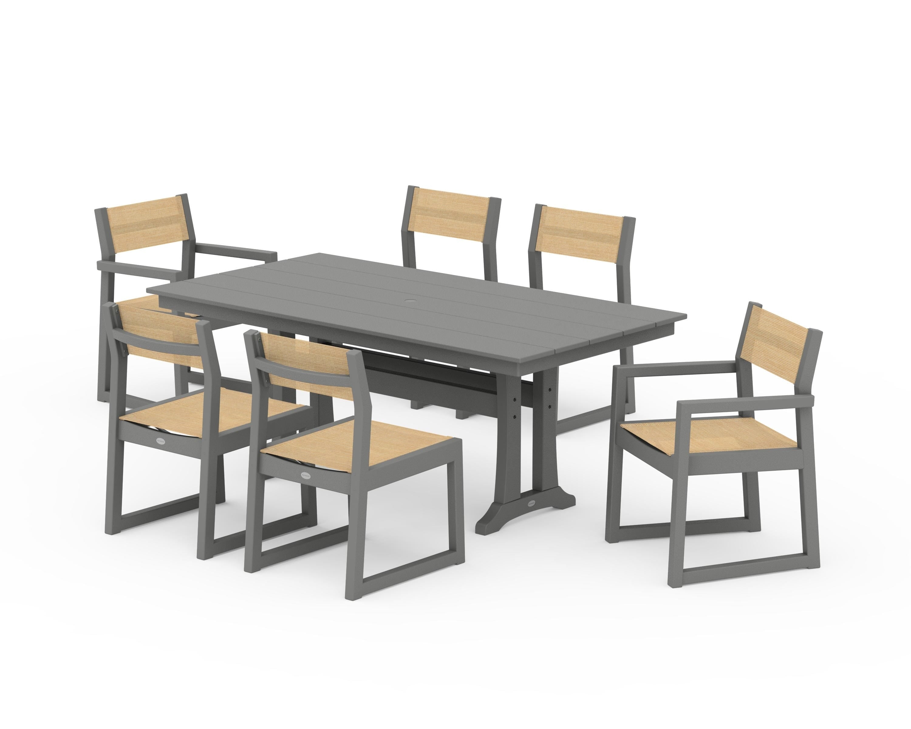 POLYWOOD® EDGE Sling 7-Piece Farmhouse Trestle Dining Set in Slate Grey / Dupioni Apricot Sling