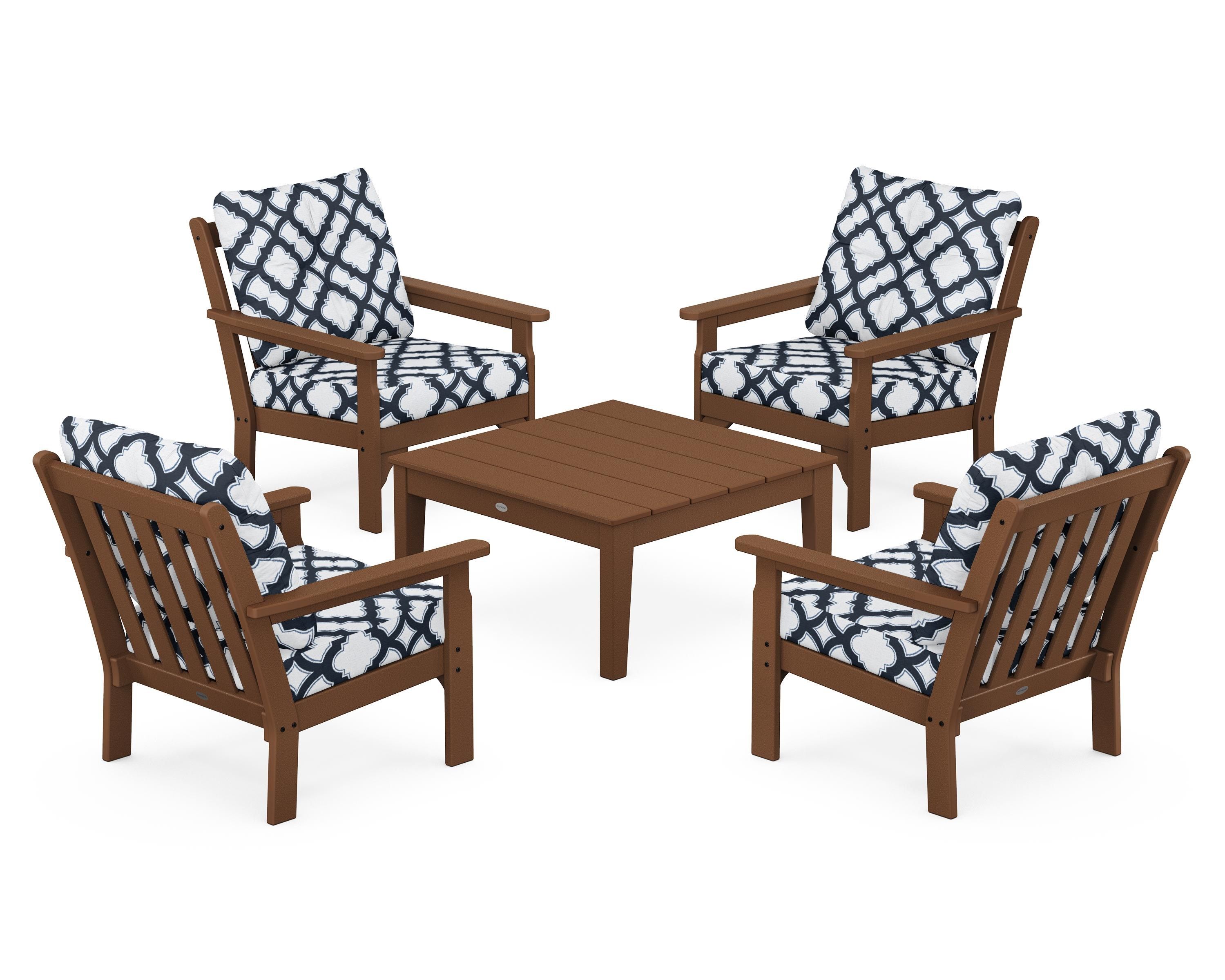 POLYWOOD® Vineyard 5-Piece Deep Seating Conversation Set in Teak / Trellis Marine Indigo