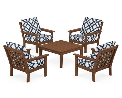POLYWOOD® Vineyard 5-Piece Deep Seating Conversation Set in Teak / Trellis Marine Indigo