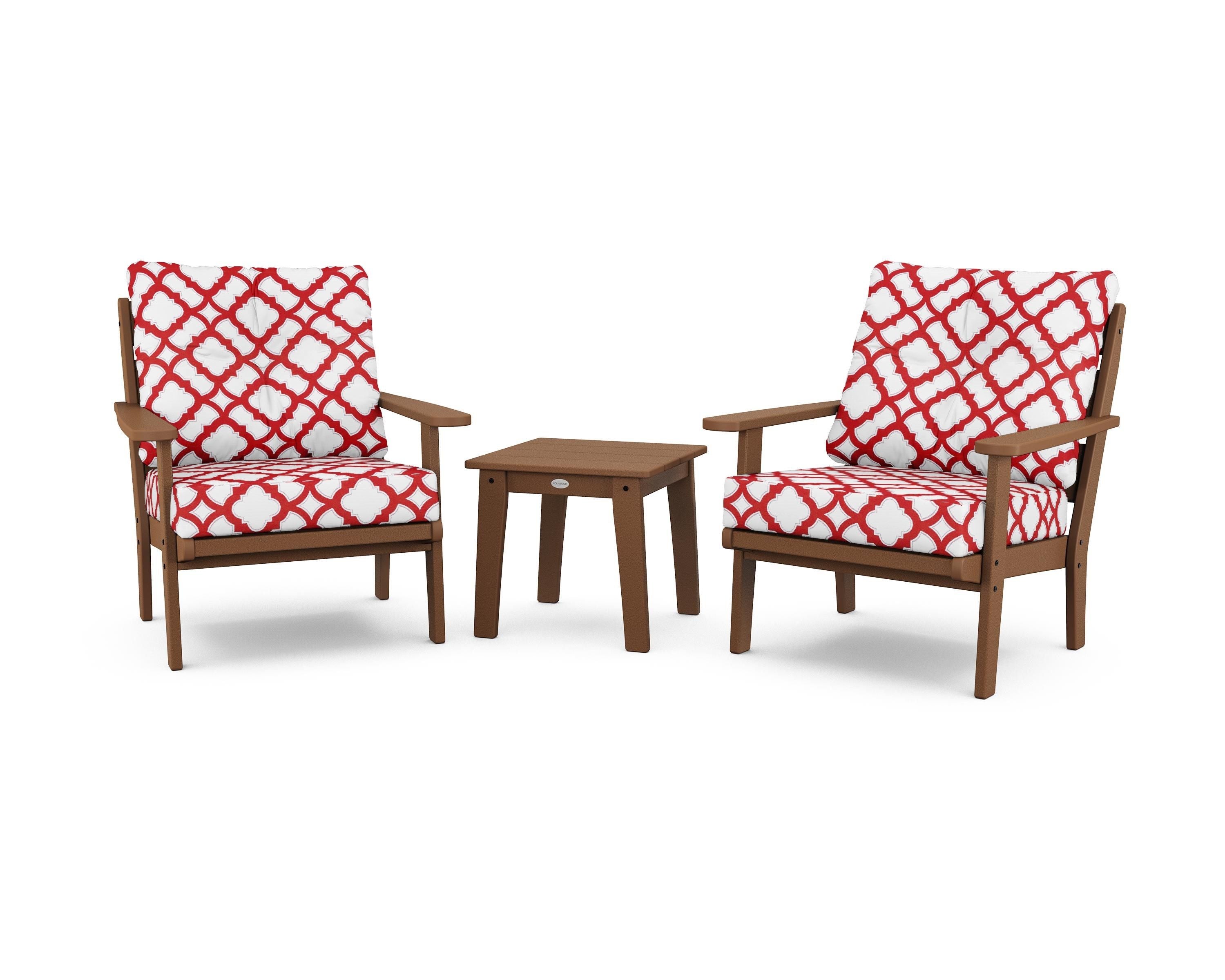 POLYWOOD® Lakeside 3-Piece Deep Seating Chair Set in Teak / Trellis Crimson