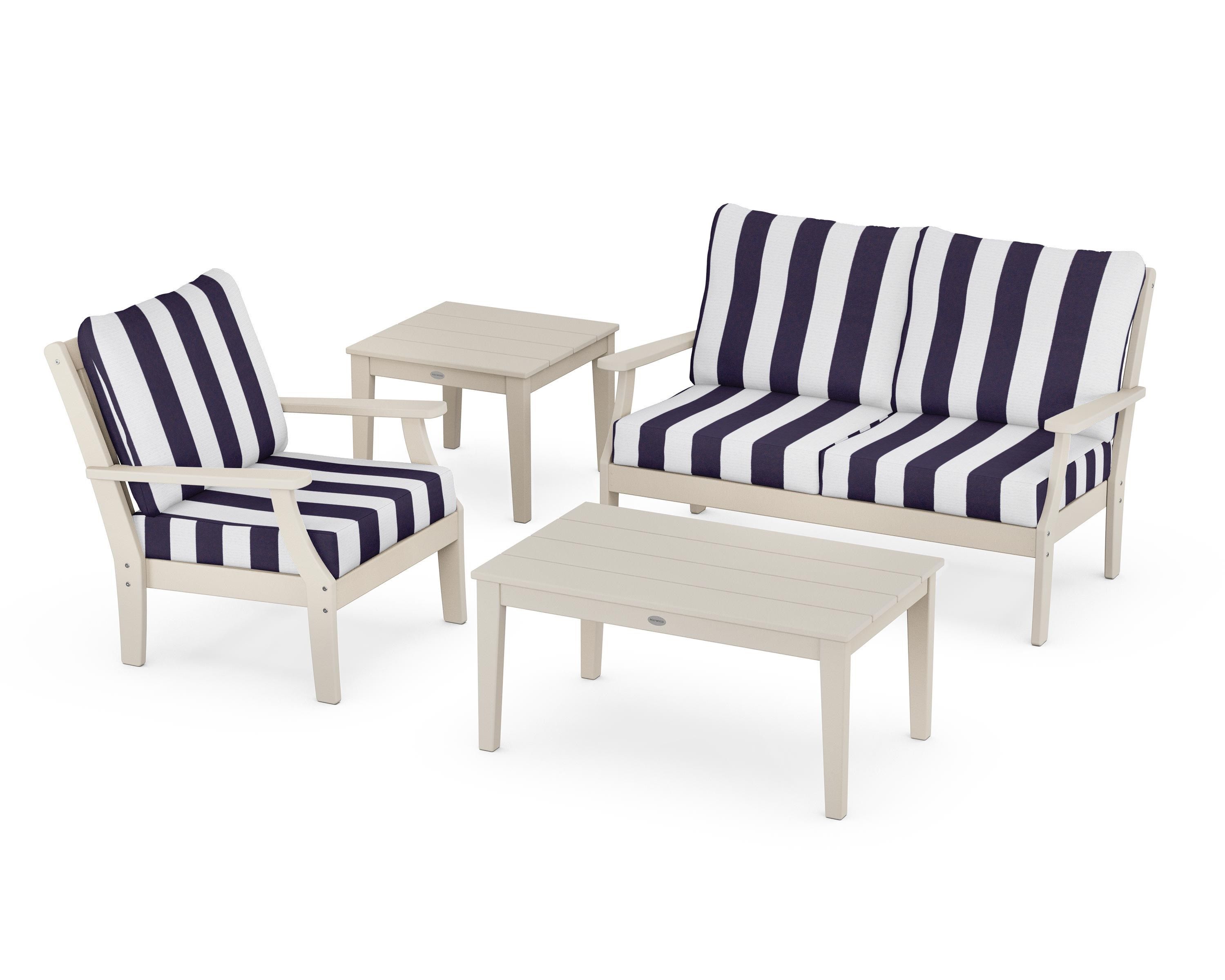 POLYWOOD® Braxton 4-Piece Deep Seating Set in Sand / Cabana Stripe Navy