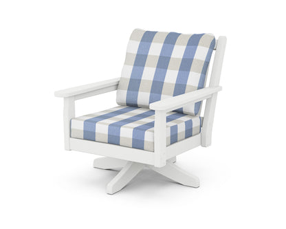 POLYWOOD® Chippendale Deep Seating Swivel Chair in White / Buffalo Plaid Sky Blue