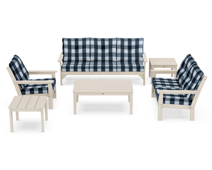 POLYWOOD® Vineyard 6-Piece Deep Seating Set in Sand / Buffalo Plaid Marine Indigo