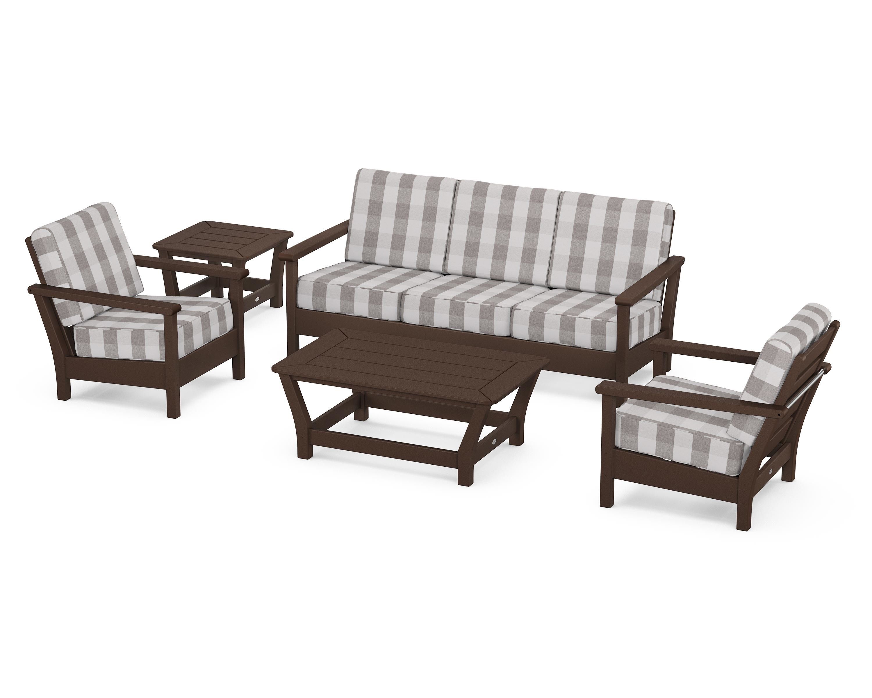 POLYWOOD® Harbour 5-Piece Deep Seating Set in Mahogany / Buffalo Plaid Grey Mist