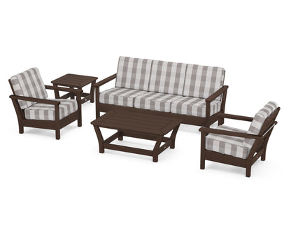 POLYWOOD® Harbour 5-Piece Deep Seating Set in Mahogany / Buffalo Plaid Grey Mist