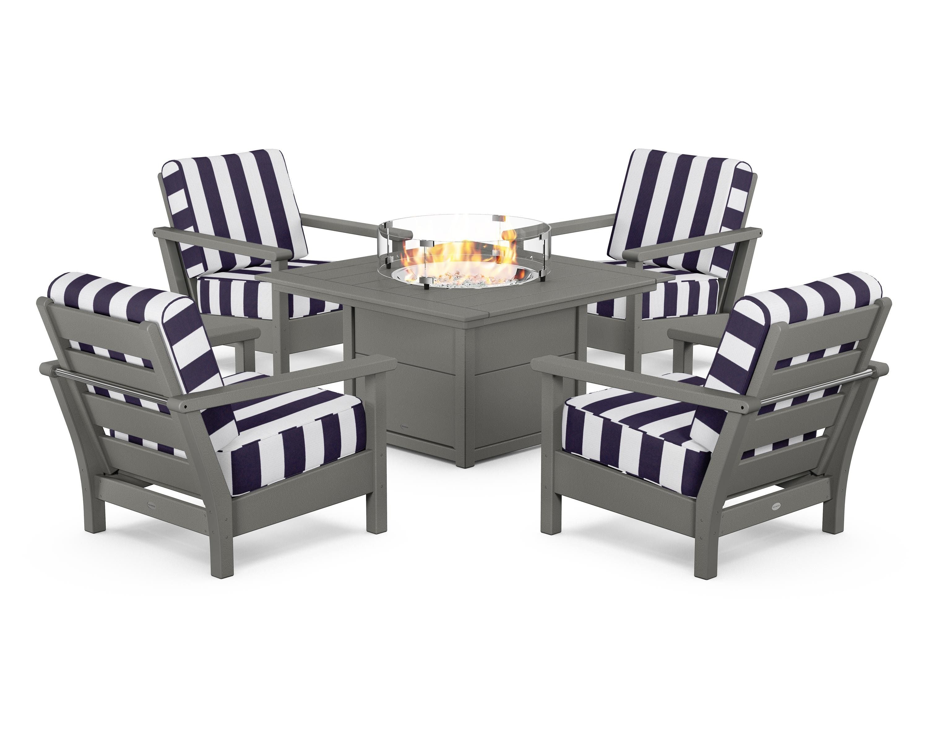 POLYWOOD® Harbour 5-Piece Conversation Set with Fire Pit Table in Slate Grey / Cabana Stripe Navy