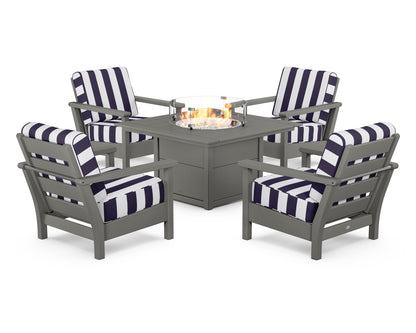 POLYWOOD® Harbour 5-Piece Conversation Set with Fire Pit Table in Slate Grey / Cabana Stripe Navy