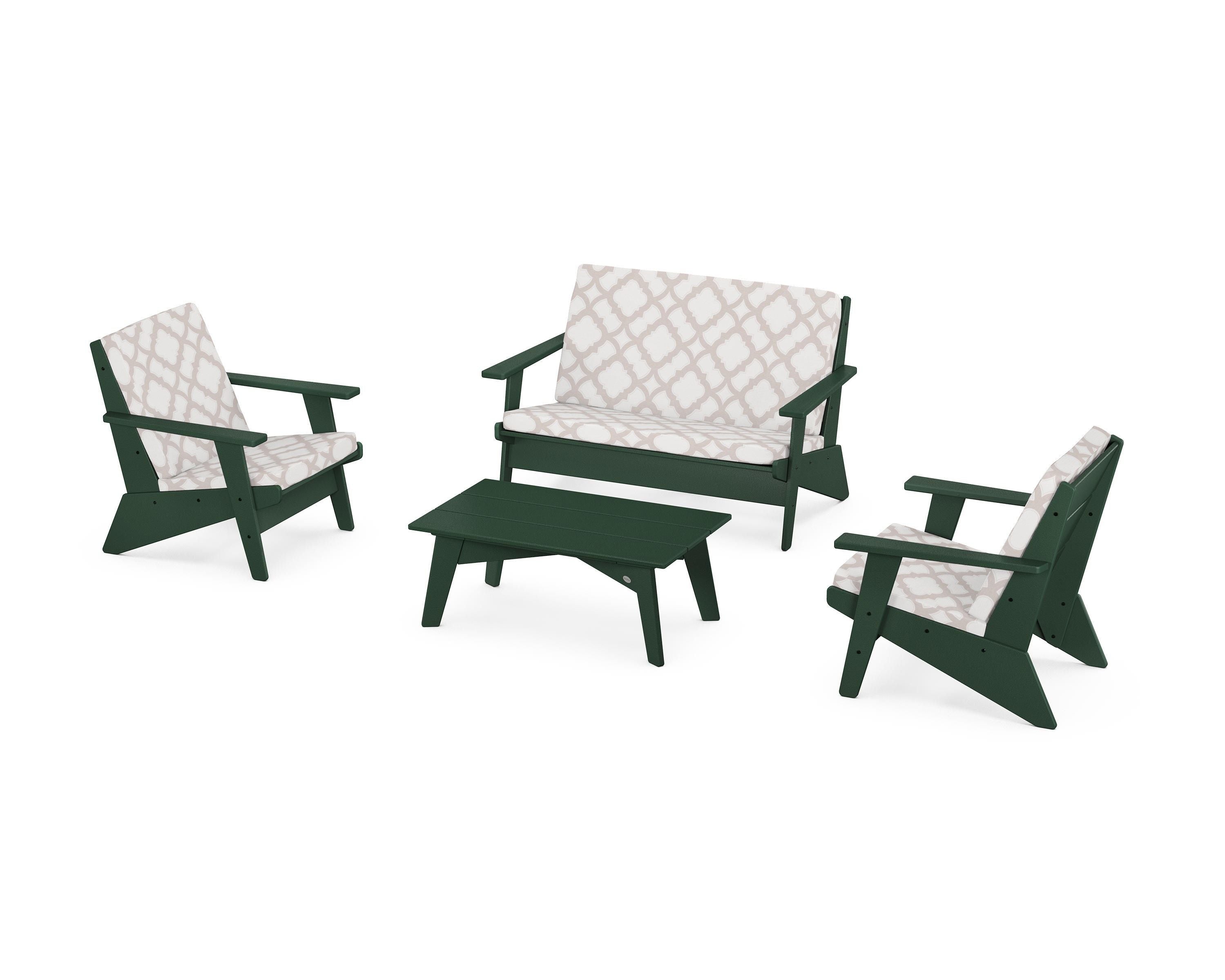 POLYWOOD® Riviera Modern Lounge 4-Piece Set in Green / Trellis Dune Burlap