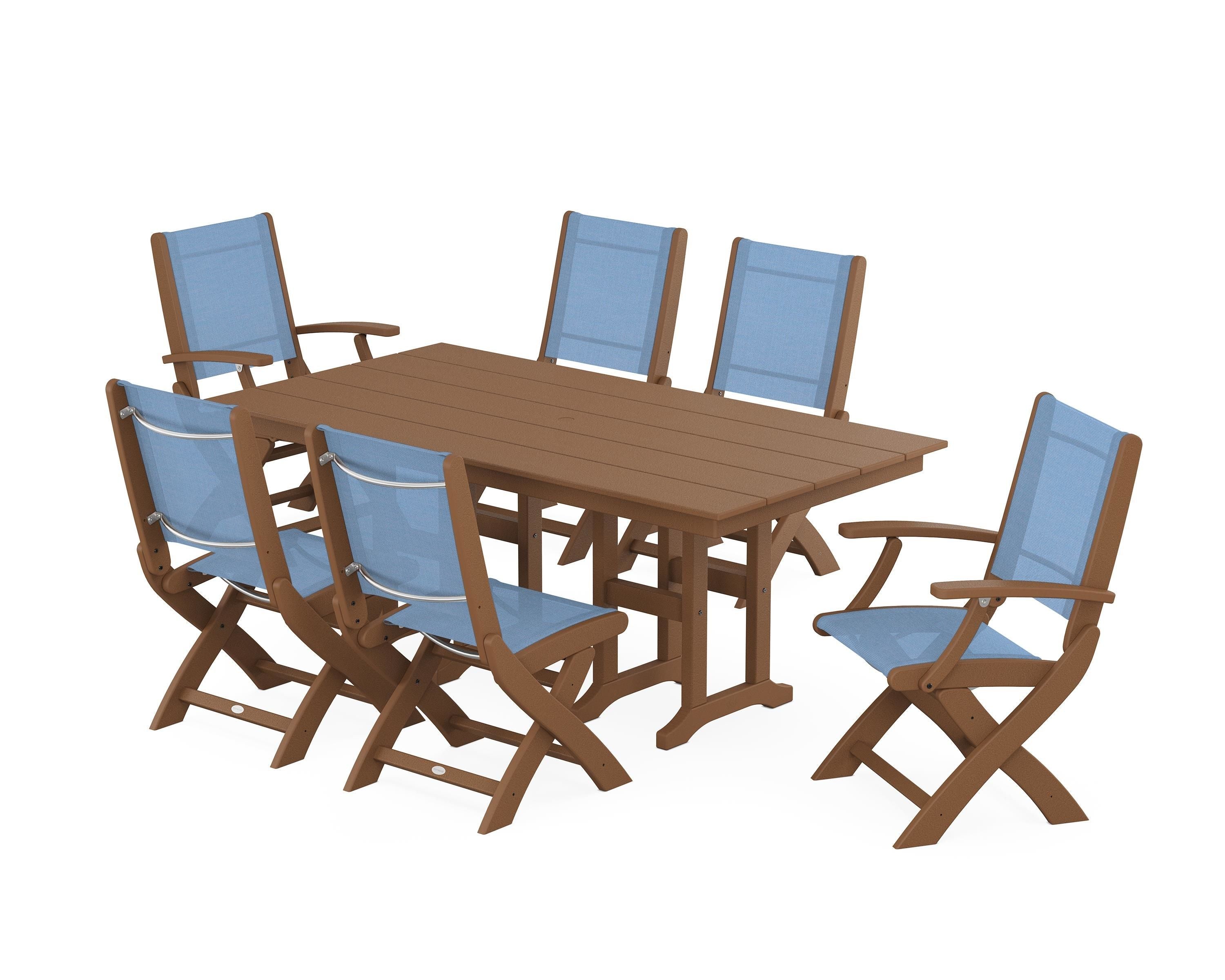 POLYWOOD® Coastal Folding Chair 7-Piece Farmhouse Dining Set in Teak / Poolside Sling