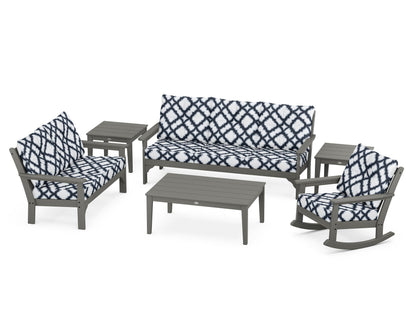 POLYWOOD® Vineyard 6-Piece Deep Seating Set in Slate Grey / Trellis Marine Indigo