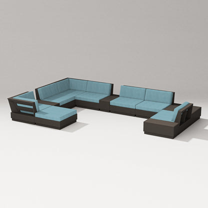 PW Designer Series Elevate 12-Piece Conversation Sectional Set in Vintage Coffee / Lattice Sky Blue