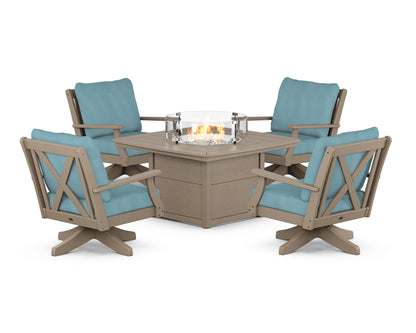 POLYWOOD® Braxton 5-Piece Deep Seating Swivel Conversation Set with Fire Pit Table in Vintage Sahara / Lattice Sky Blue