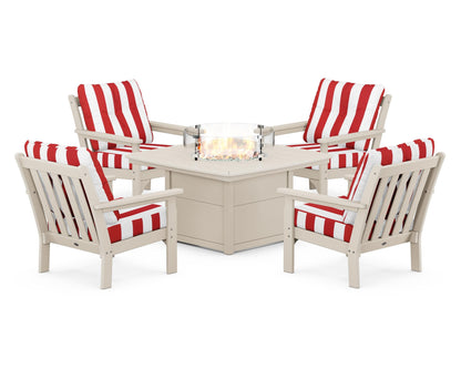 POLYWOOD® Vineyard 5-Piece Conversation Set with Fire Pit Table in Sand / Cabana Stripe Crimson