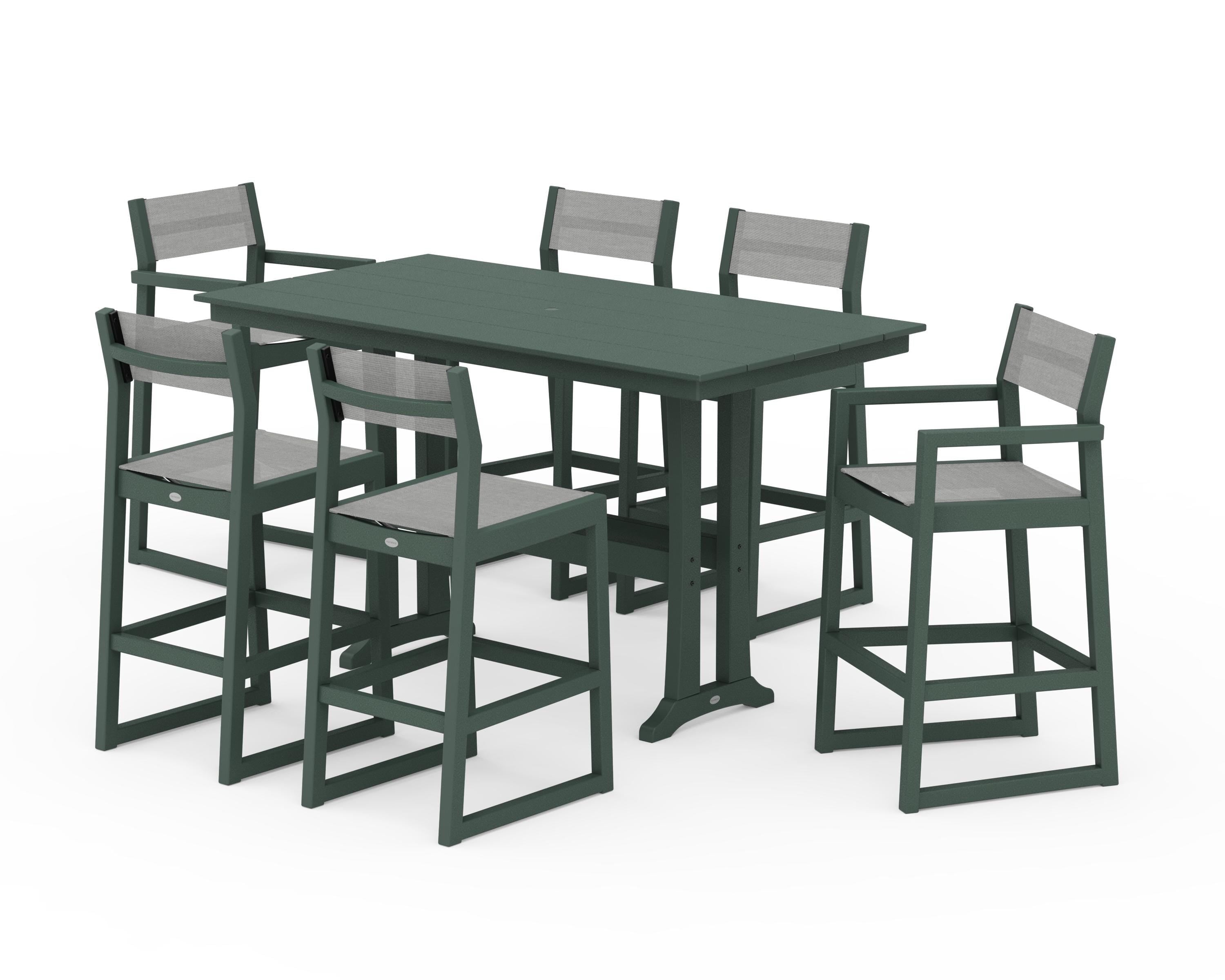 POLYWOOD® EDGE Sling 7-Piece Farmhouse Bar Set with Trestle Legs in Green / Metallic Sling
