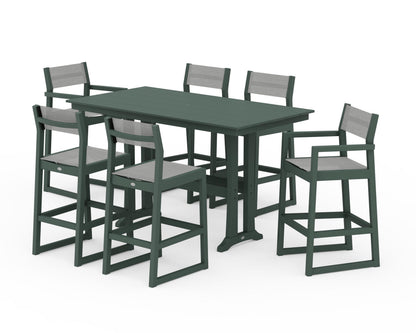 POLYWOOD® EDGE Sling 7-Piece Farmhouse Bar Set with Trestle Legs in Green / Metallic Sling