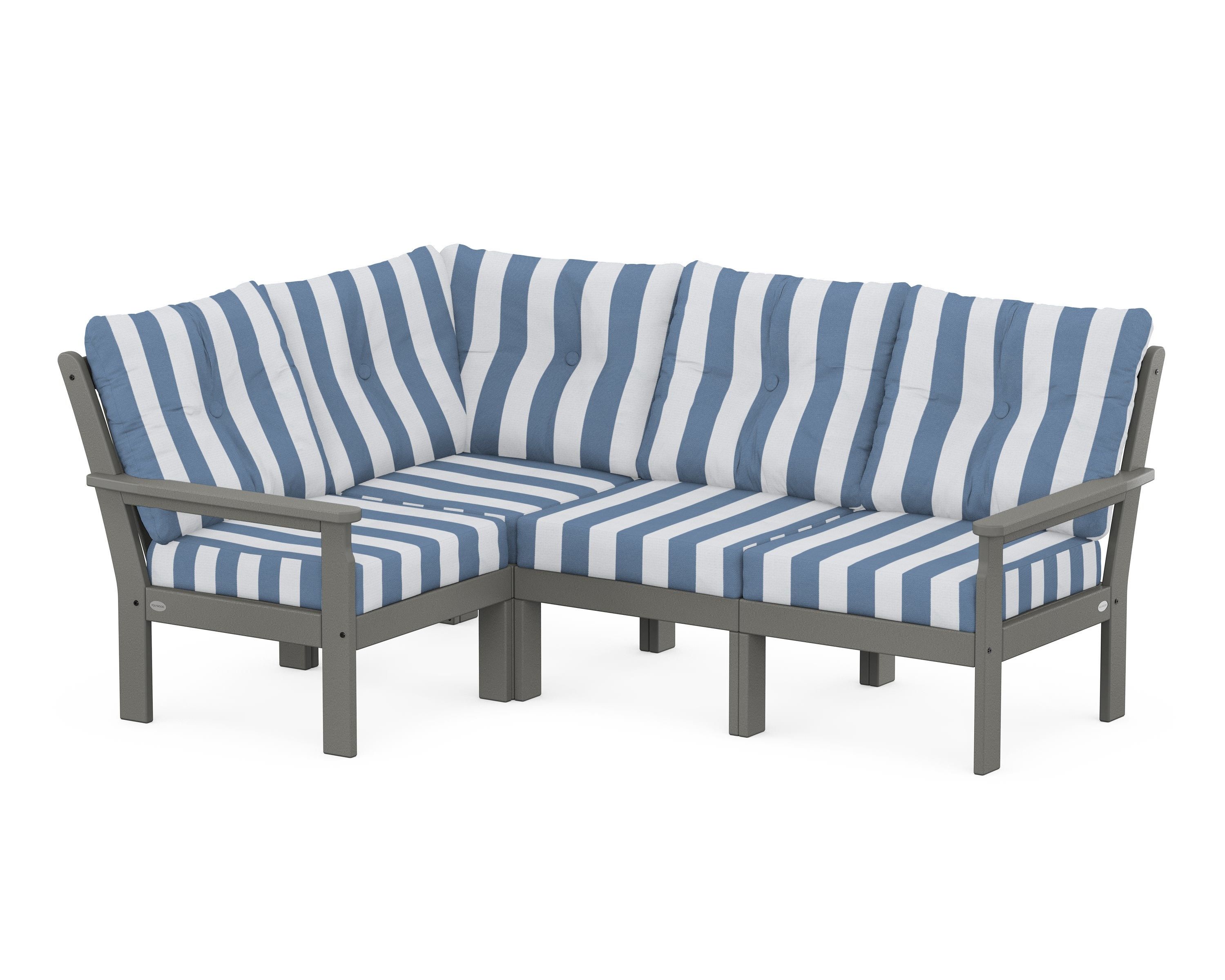 POLYWOOD® Vineyard 4-Piece Sectional in Slate Grey / Cabana Stripe Sky Blue
