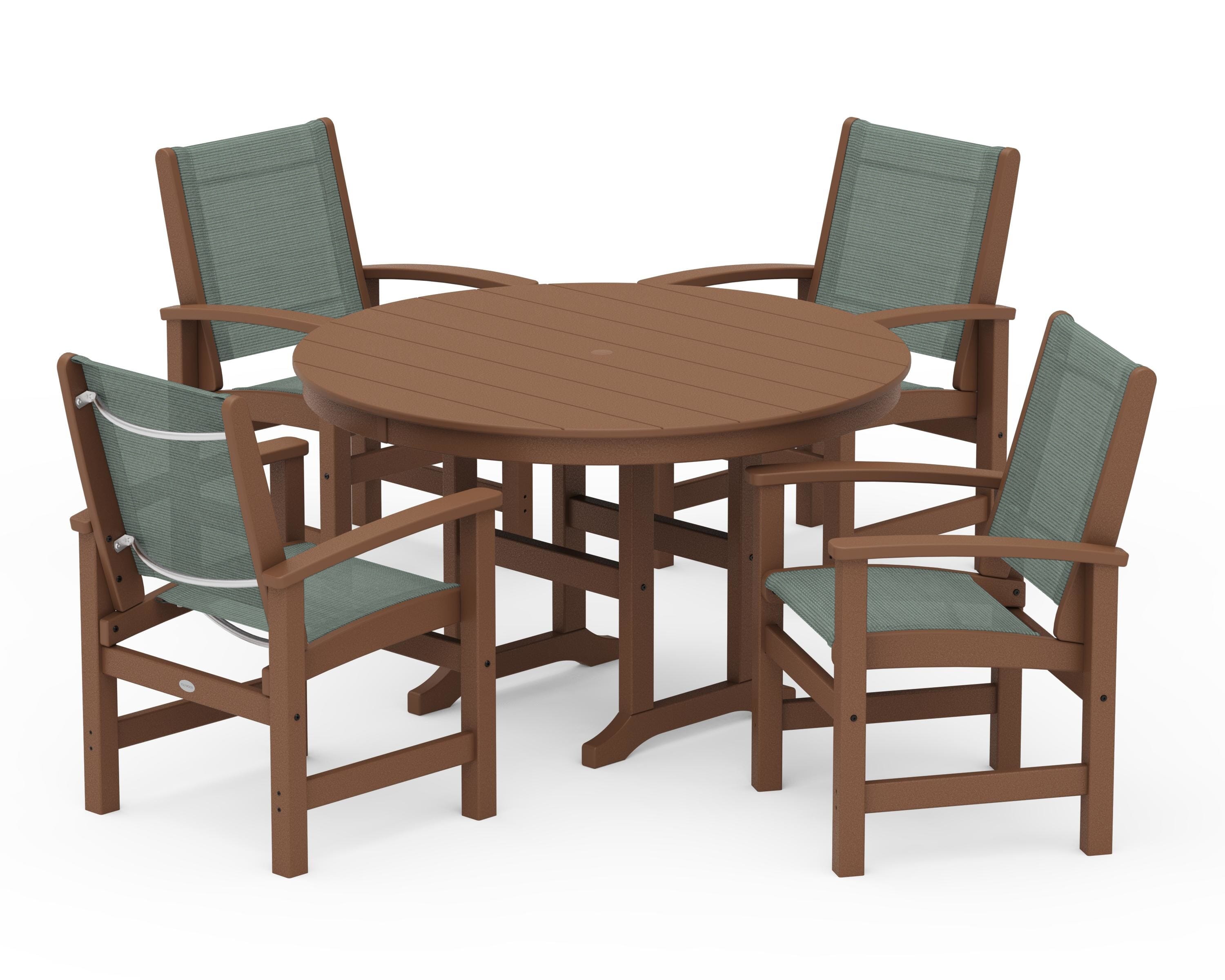 POLYWOOD® Coastal 5-Piece Round Farmhouse Dining Set in Teak / Dupioni Sea Mist Sling