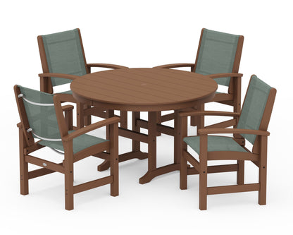 POLYWOOD® Coastal 5-Piece Round Farmhouse Dining Set in Teak / Dupioni Sea Mist Sling