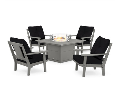 POLYWOOD® Prairie 5-Piece Deep Seating Set with Fire Pit Table in Slate Grey / Midnight Linen