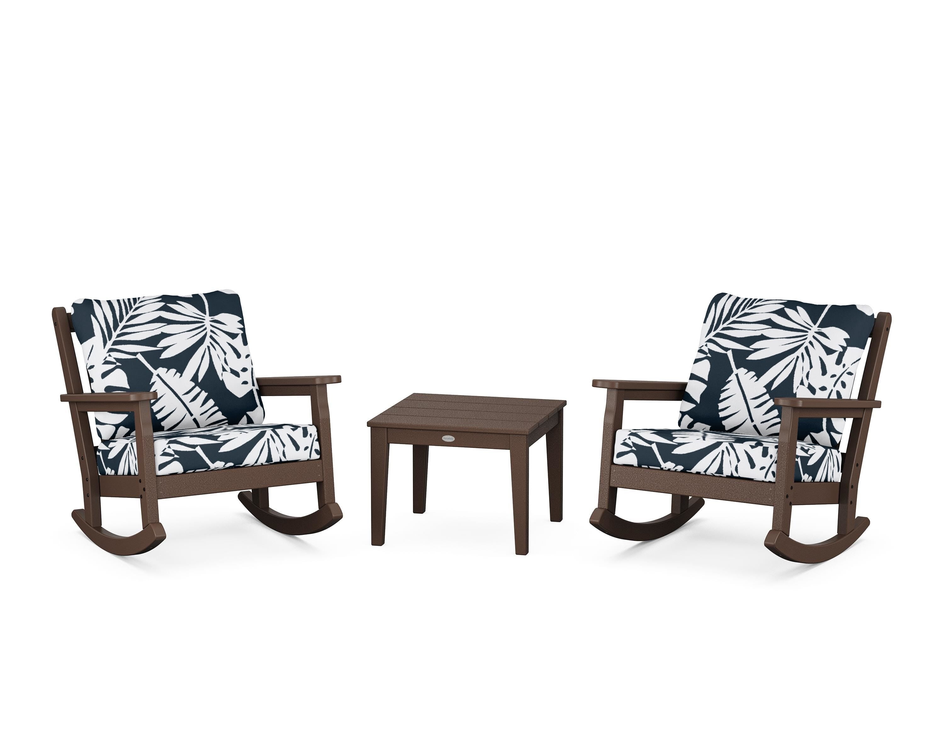 POLYWOOD® Chippendale 3-Piece Deep Seating Rocker Set in Mahogany / Leaf Marine Indigo
