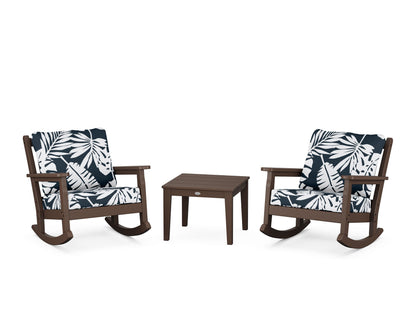 POLYWOOD® Chippendale 3-Piece Deep Seating Rocker Set in Mahogany / Leaf Marine Indigo