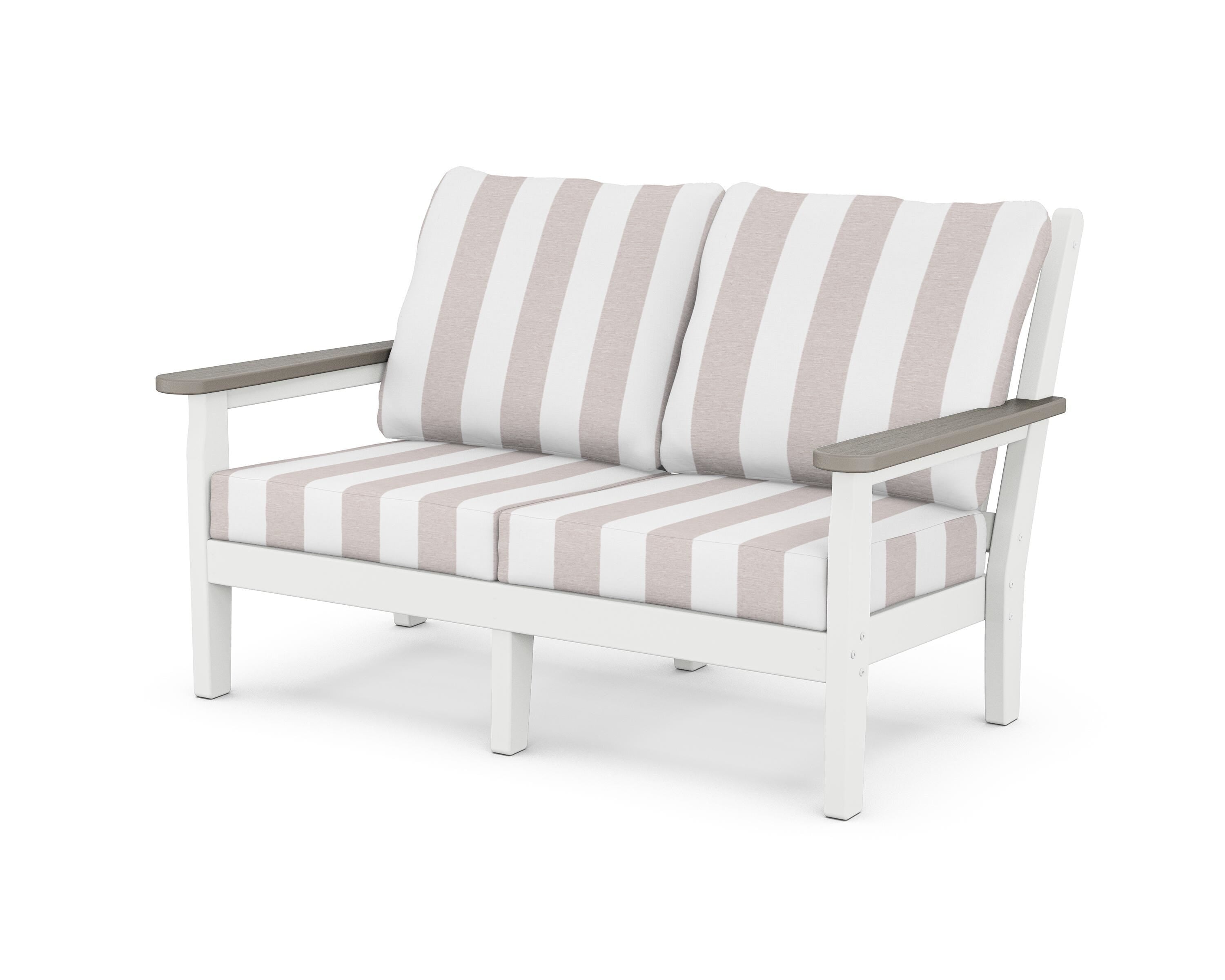 POLYWOOD® Chippendale Deep Seating Loveseat in White / Driftwood / Cabana Stripe Dune Burlap