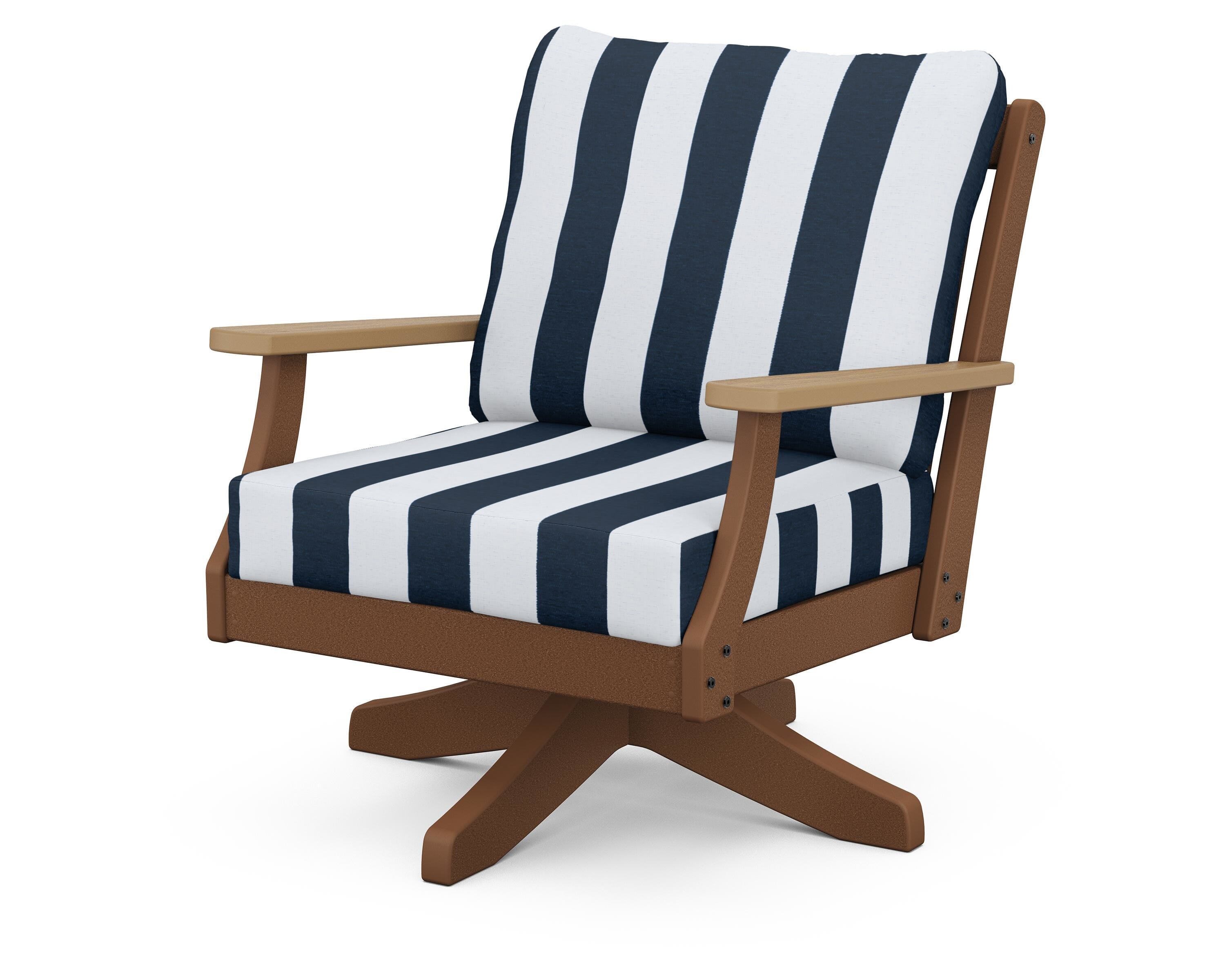 POLYWOOD® Braxton Deep Seating Swivel Chair in Teak / Natural / Cabana Stripe Marine Indigo