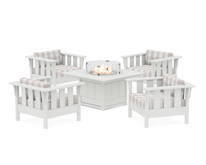 Martha Stewart by POLYWOOD® Acadia 5-Piece Deep Seating Set with Fire Pit Table in White / Buffalo Plaid Dune Burlap