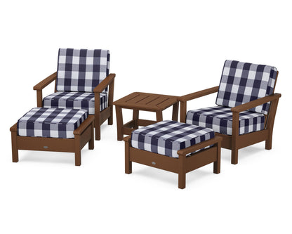 POLYWOOD® Harbour 5-Piece Deep Seating Chair Set in Teak / Buffalo Plaid Navy
