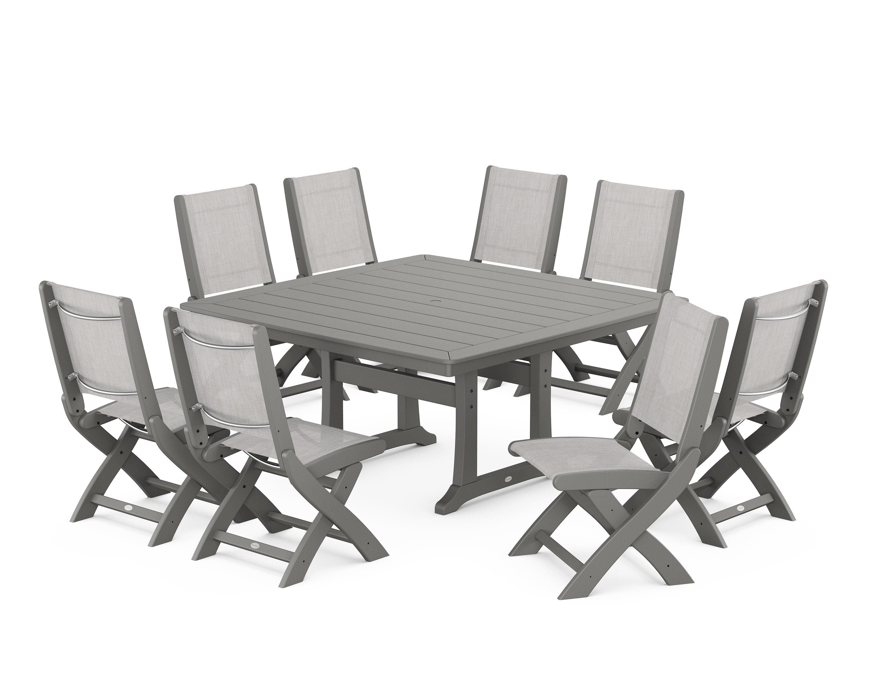 POLYWOOD® Coastal Folding Side Chair 9-Piece Dining Set with Trestle Legs in Slate Grey / Parchment Sling