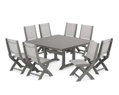 POLYWOOD® Coastal Folding Side Chair 9-Piece Dining Set with Trestle Legs in Slate Grey / Parchment Sling