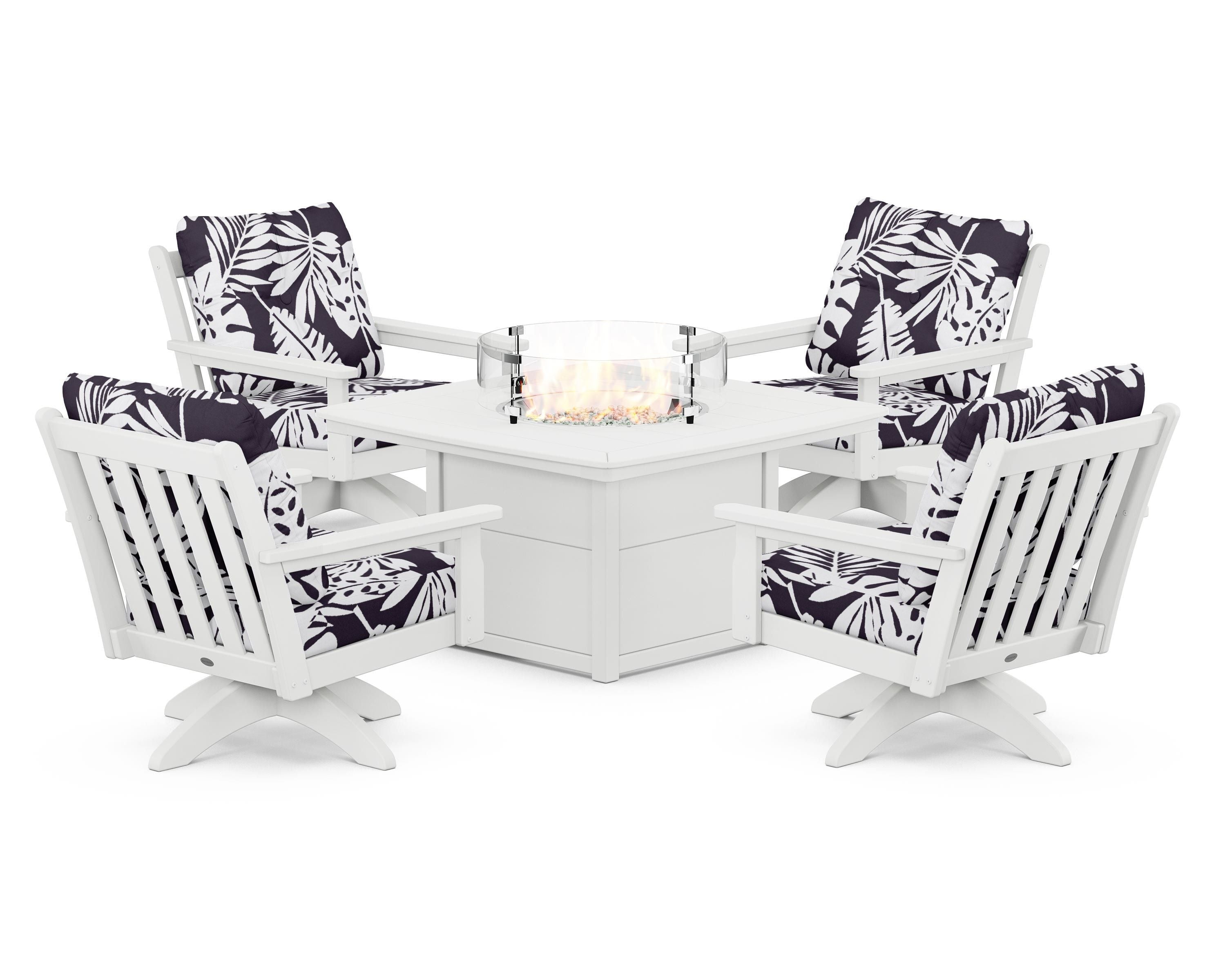POLYWOOD® Vineyard 5-Piece Deep Seating Swivel Conversation Set with Fire Pit Table in White / Leaf Navy