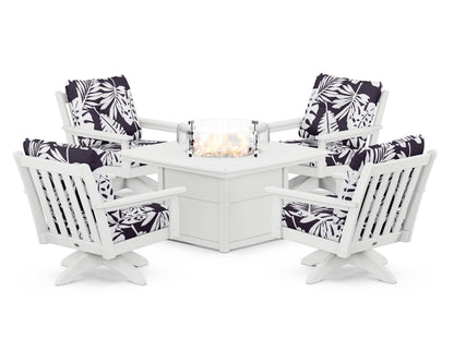 POLYWOOD® Vineyard 5-Piece Deep Seating Swivel Conversation Set with Fire Pit Table in White / Leaf Navy