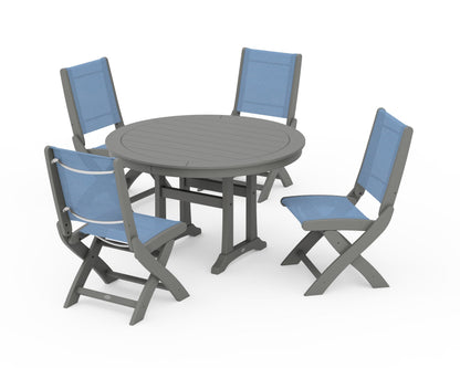 POLYWOOD® Coastal Folding Side Chair 5-Piece Round Dining Set With Trestle Legs in Slate Grey / Poolside Sling