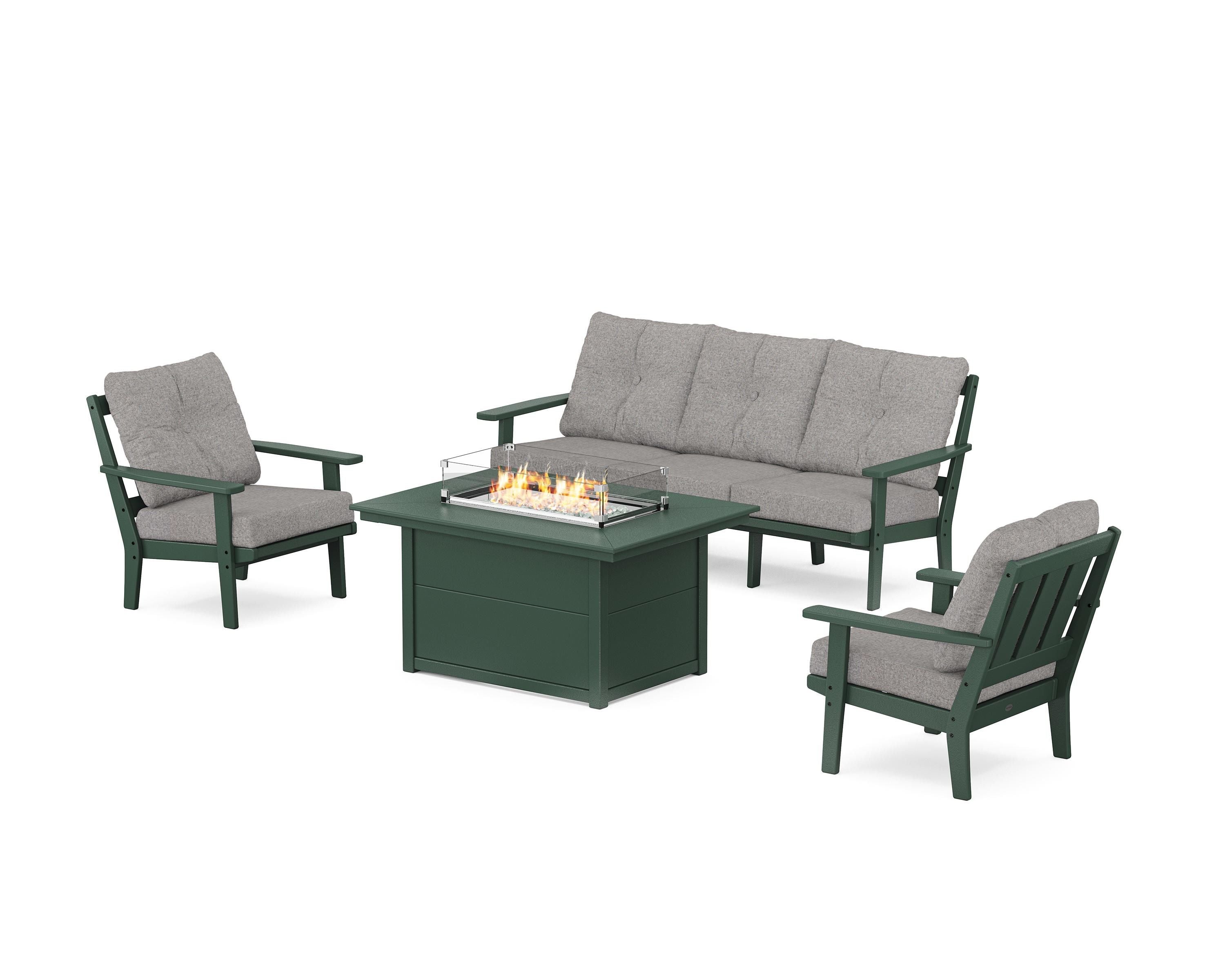 POLYWOOD® Oxford Deep Seating Fire Pit Table Set in Green / Grey Mist