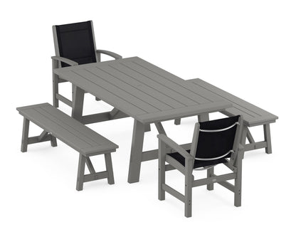 POLYWOOD® Coastal 5-Piece Rustic Farmhouse Dining Set With Benches in Slate Grey / Black Sling