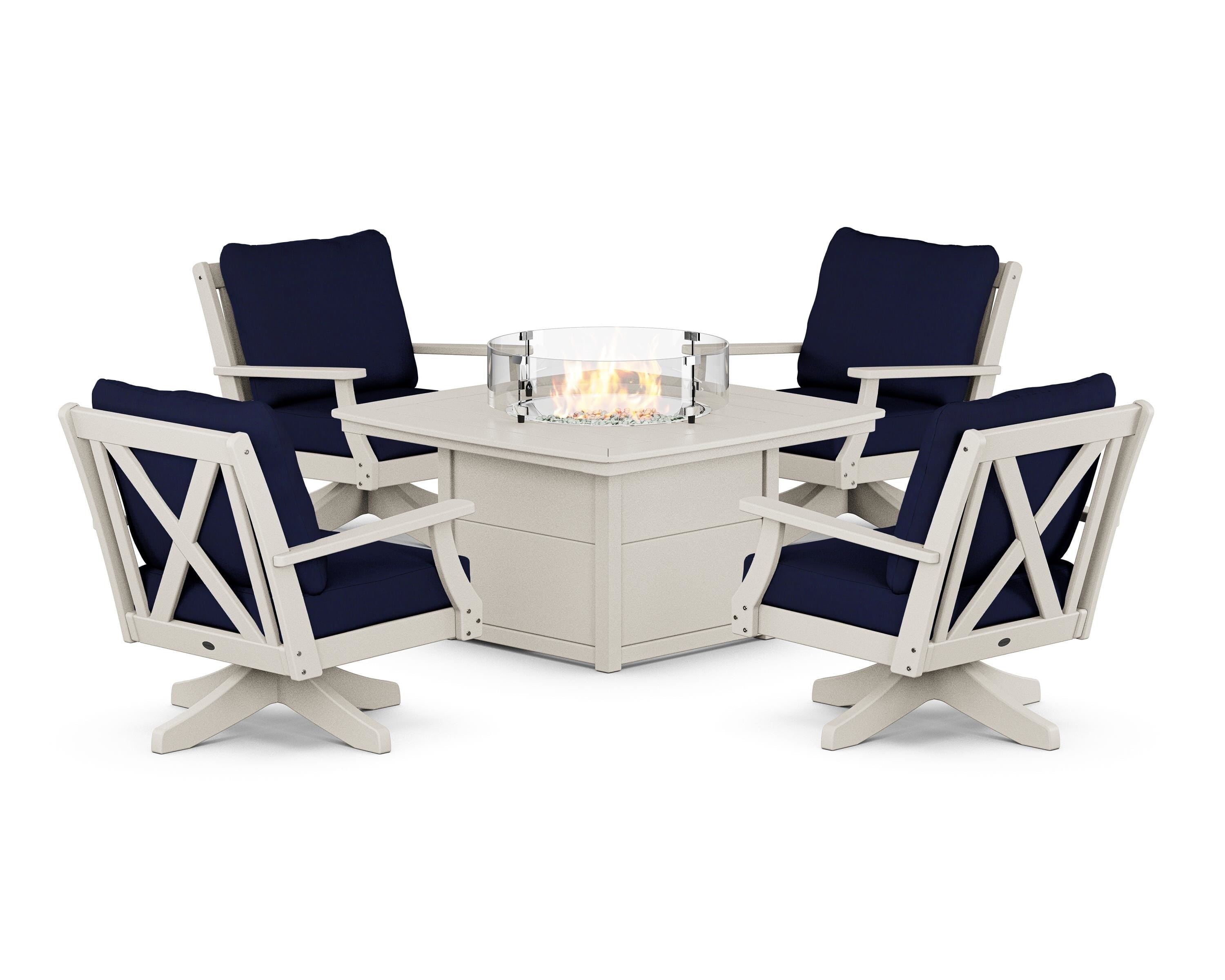 POLYWOOD® Braxton 5-Piece Deep Seating Swivel Conversation Set with Fire Pit Table in Sand / Navy