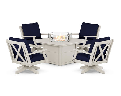 POLYWOOD® Braxton 5-Piece Deep Seating Swivel Conversation Set with Fire Pit Table in Sand / Navy